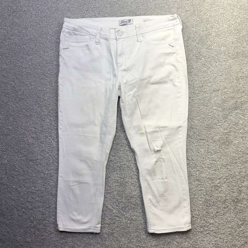 Seven7 Easy Fit Womens 10 White Cropped Denim Jeans Distressed Ripped Ankle